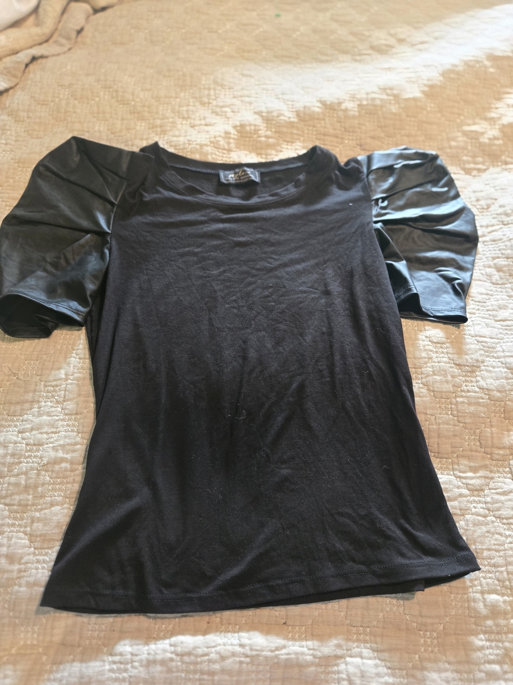 Women's Black Puff Sleeve Tee with Structured Satin Sleeves